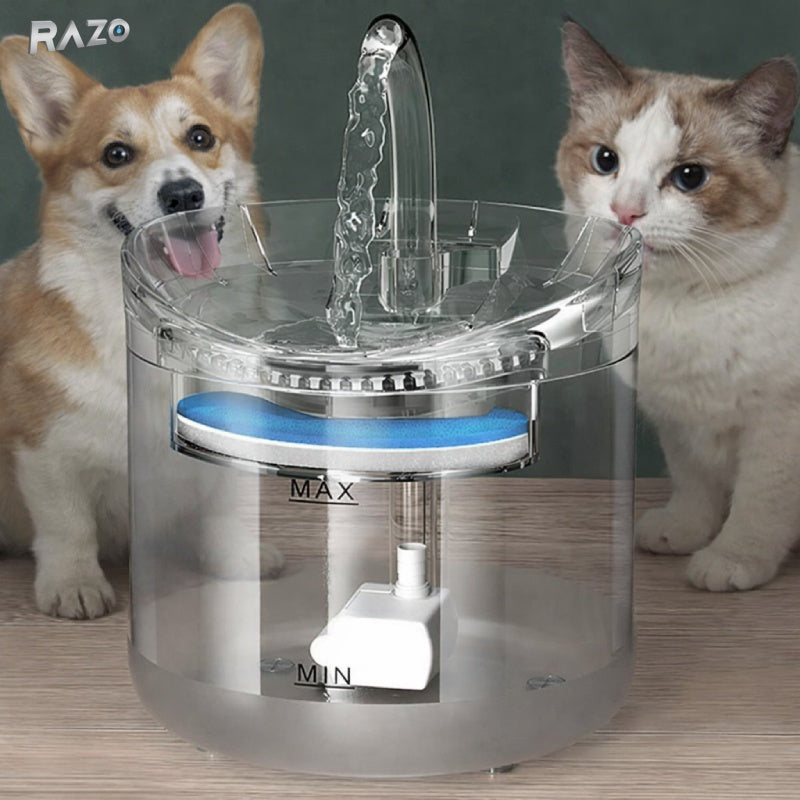 Dispenser automat de apa RAZO pentru animale 2L, cu senzor de miscare, filtrare in 3 straturi cu carbune activ, alimentare electrica 5V USB, pentru pisici si caini, transparent