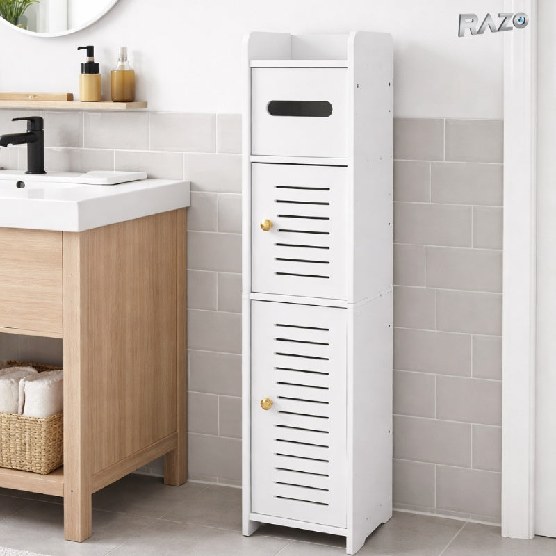Dulap depozitare baie RAZO cu design vertical multifunctional, 2 usi, rezistent la umezeala, ideal pentru produse de igiena si detergenti, dimensiuni 118x22x41 cm, alb
