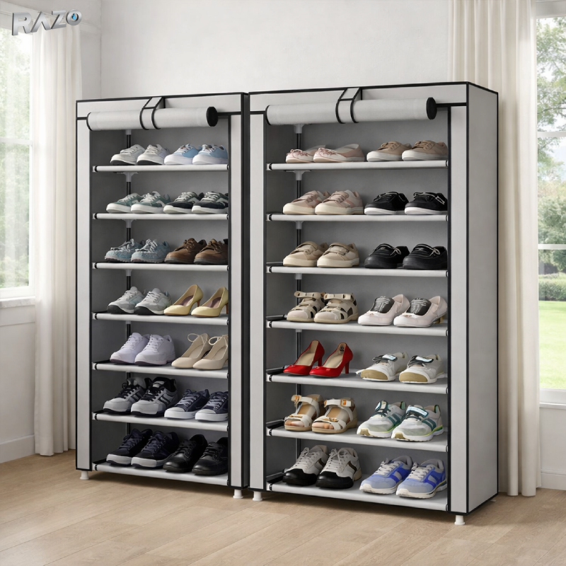 Dulap pantofi dublu cu husa RAZO, 7 niveluri, Capacitate 40kg, Oganizator incaltaminte, Structura metalica rezistenta, Gri