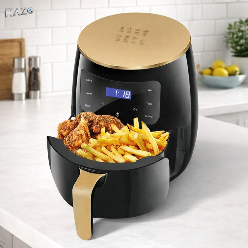 Friteuza cu aer cald RAZO 2400W, capacitate 6L, air fryer fara ulei, ecran LCD touch, 6 programe presetate, temperatura reglabila 50–200°C, timer si oprire automata, gatire sanatoasa, negru
