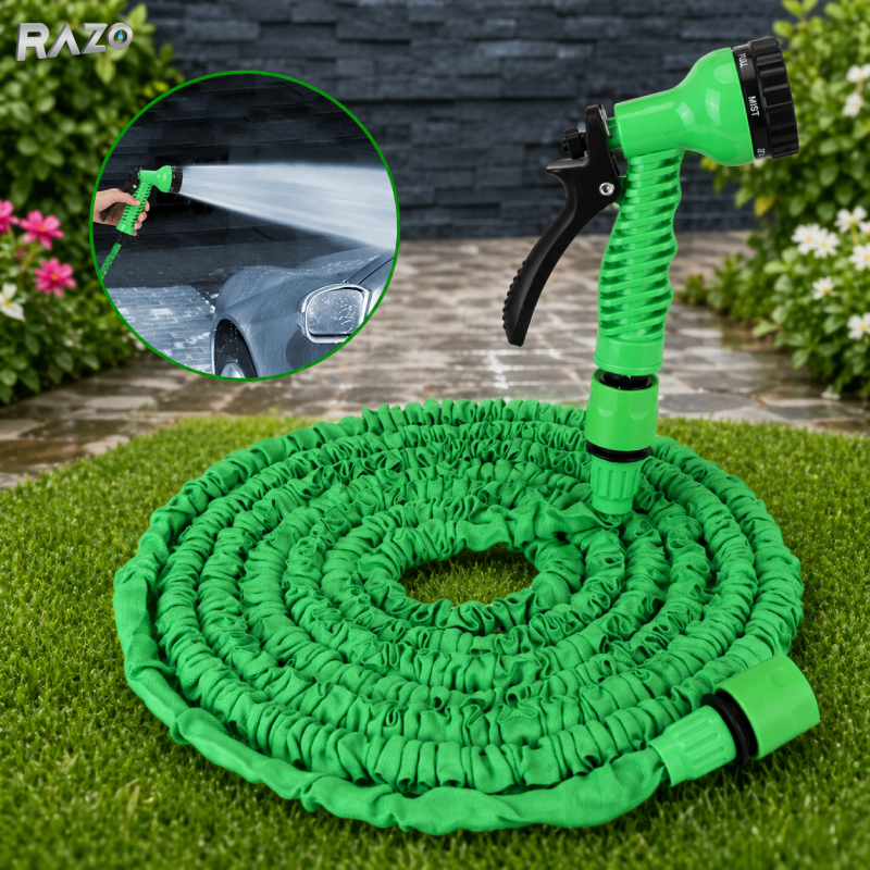 Furtun gradina extensibil 30 metri cu pistol pulverizare RAZO, Multifunctional, Extindere automata si contractare, Material rezistent flexibil, Usor de manevrat, Verde