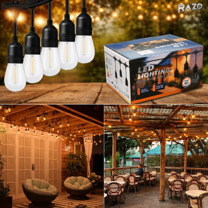 Ghirlanda luminoasa RAZO 10 metri, 20 becuri E27, Interconectabila, IP65, Exterior, interior, Lumina calda ambientala