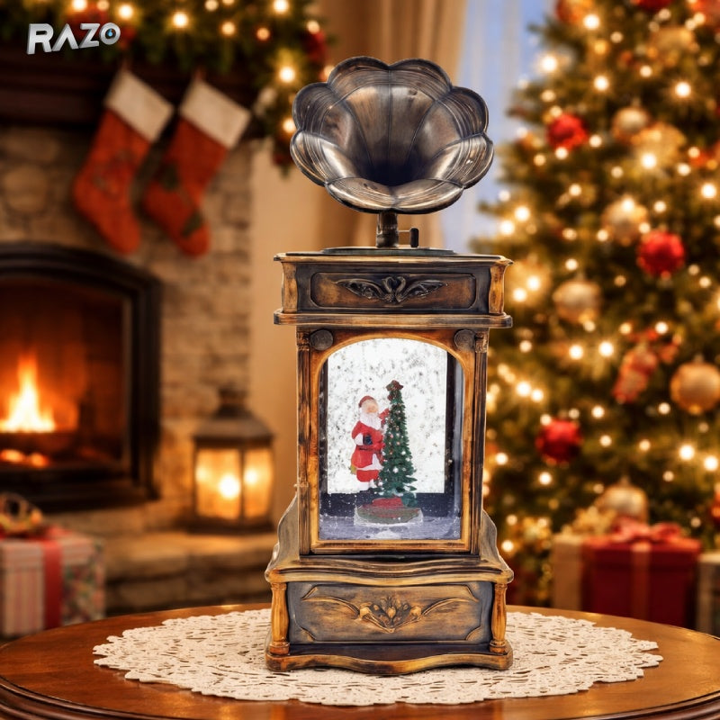 Gramofon decorativ vintage RAZO cu Mos Craciun, efect de ninsoare artificiala si iluminare LED, functie muzicala, decoratiune festiva de Craciun, auriu-maro