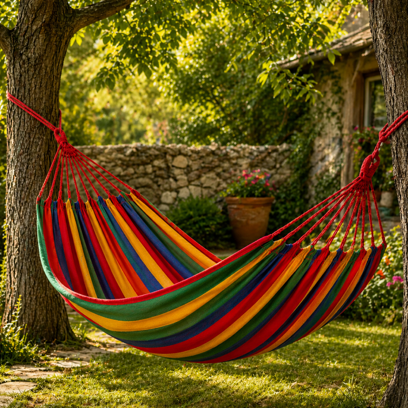 Hamac din bumbac RAZO, Confortabil, Stabil, Bumbac respirabil, Portabil, Usor de montat, Design rustic multicolor, 190x100 cm