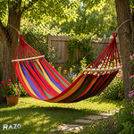 Hamac din bumbac cu distantiere lemn RAZO, Confortabil, Stabil, Bumbac respirabil, Portabil, Usor de montat, Design rustic multicolor, 190x100 cm