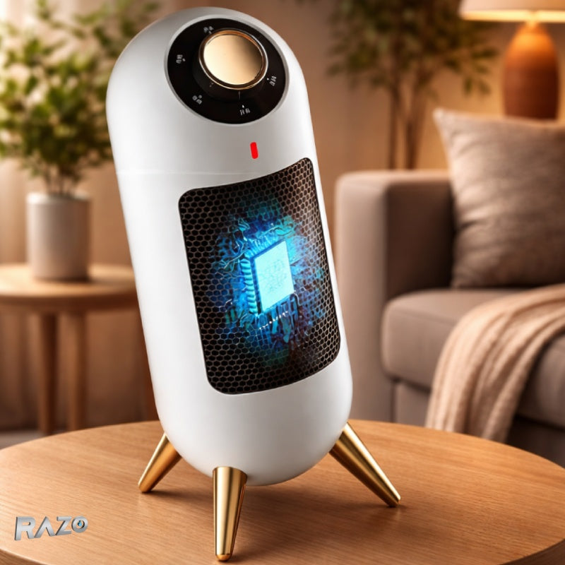 Incalzitor electric RAZO cu ventilator, 1200W, protectie la supraincalzire si anti-rasturnare, control manual, aeroterma compacta pentru birou sau dormitor