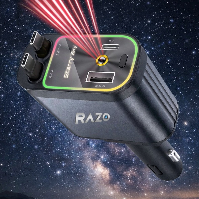 Incarcator auto inteligent 4 in 1 RAZO cu fast charge 66W, cabluri retractabile Lightning si Type-C 800 mm, porturi USB-A si USB-C PD, lumina ambientala LED tip cer instelat, cap reglabil 180°
