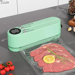 Kit compact RAZO de sigilare si vidare, cu afisaj digital LED, alimentare USB 5V, putere 10W, sigilare automata pentru pungi reutilizabile, ideal pentru conservarea carnii, legumelor si fructelor, design portabil, verde
