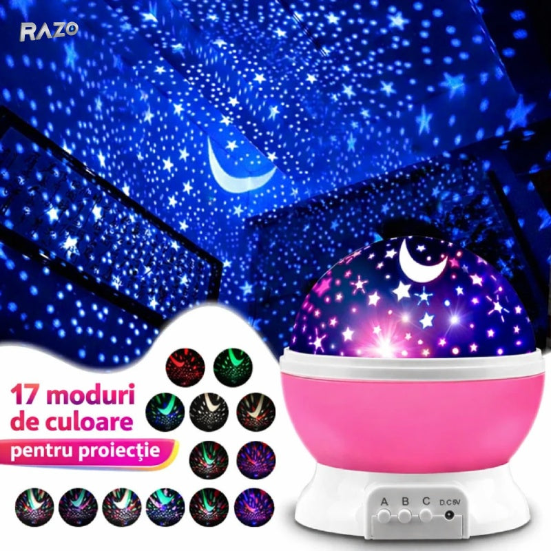 Lampa de noapte RAZO tip proiector Star Master Dream, efect cer instelat cu stele si luna, rotatie 360°, 4 culori LED selectabile, consum 5W, alimentare USB sau baterii, ideala pentru camera copiilor
