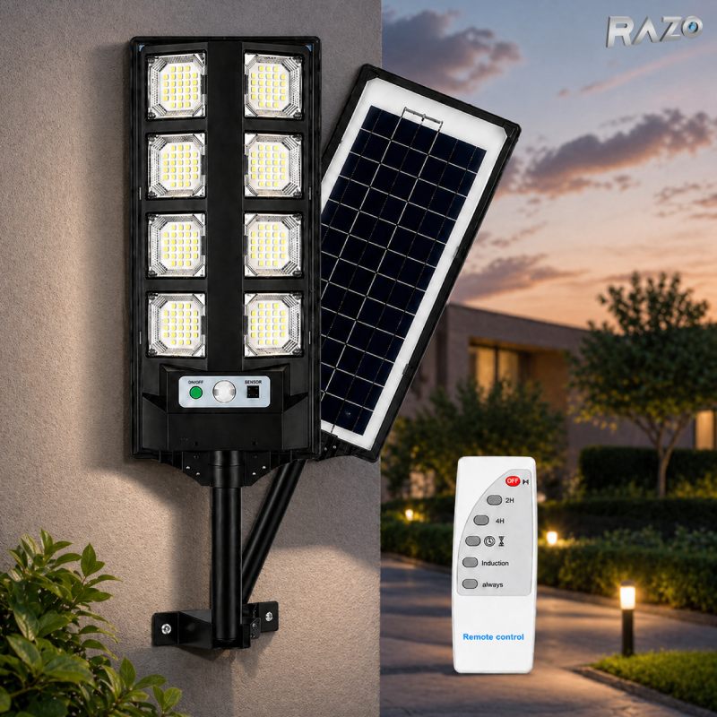 Lampa solara LED cu panou si telecomanda RAZO, Iluminare puternica, Economica, Incarcare solara, Pornire automata, Design rezistent la apa si conditii meteo