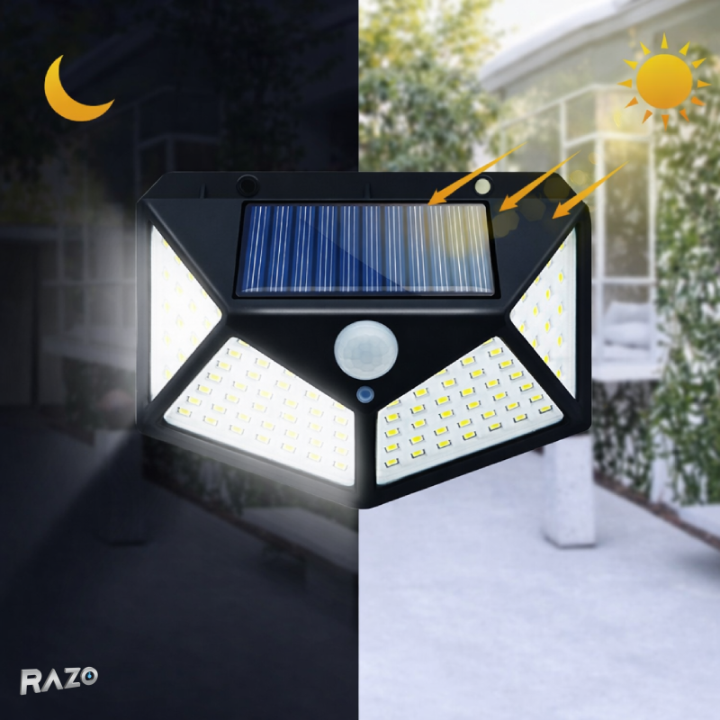 Lampa solara LED RAZO pentru exterior cu senzor de miscare, 100 LED-uri, protectie IP65, iluminare reglabila