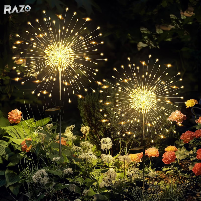 Lampa solara decorativa tip artificii RAZO, Set 2 bucati, Iluminare multicolora cu efect spectaculos, Alimentare solara fara cabluri, Consum redus, Rezistente la apa, Alb cald