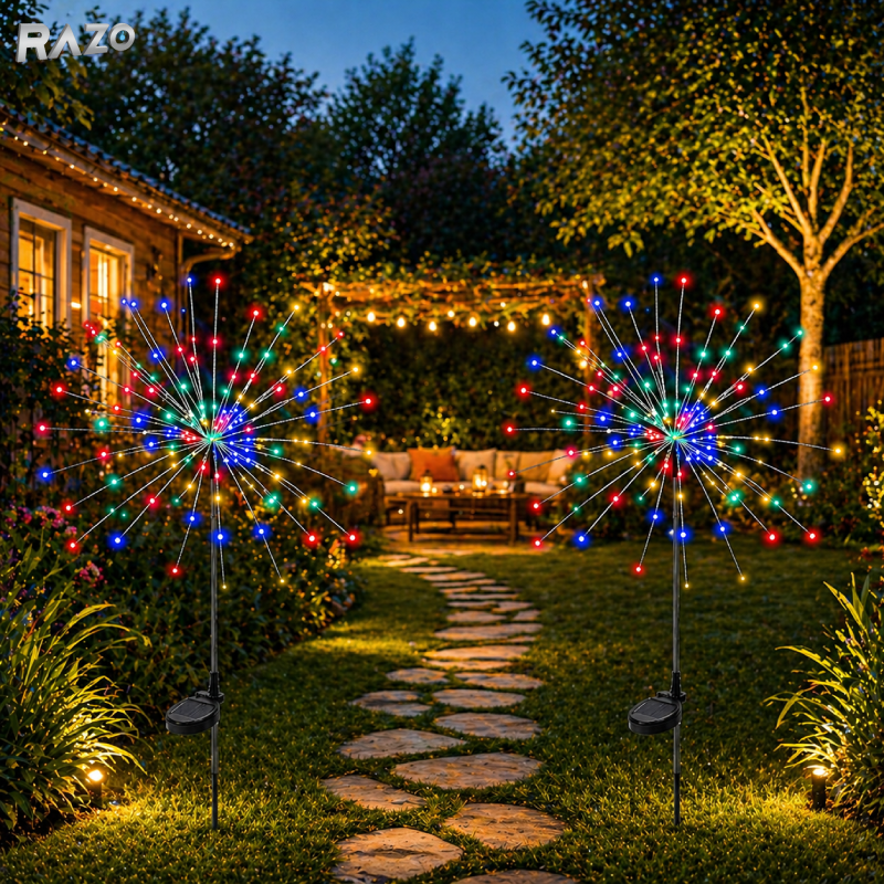 Lampa solara decorativa tip artificii RAZO, Set 2 bucati, Iluminare multicolora cu efect spectaculos, Alimentare solara fara cabluri, Consum redus, Rezistente la apa, Multicolor