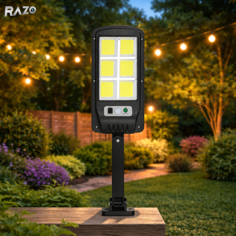 Lampa stradala cu incarcare solara RAZO, Telecomanda inclusa, LED cu senzor, Iluminat exterior puternic, Rezistenta la intemperii