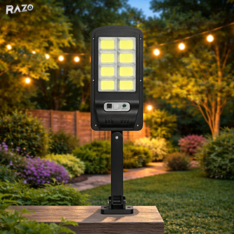 Lampa stradala cu incarcare solara RAZO, 8 leduri, Telecomanda inclusa, LED cu senzor, Iluminat exterior puternic, Rezistenta la intemperii, 48x12x5 cm