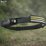 Lanterna frontala profesionala RAZO cu LED 1000 lumeni, 3 benzi COB si XPE, unghi de iluminare 230°, acumulator 1200 mAh, senzor de miscare, incarcare USB
