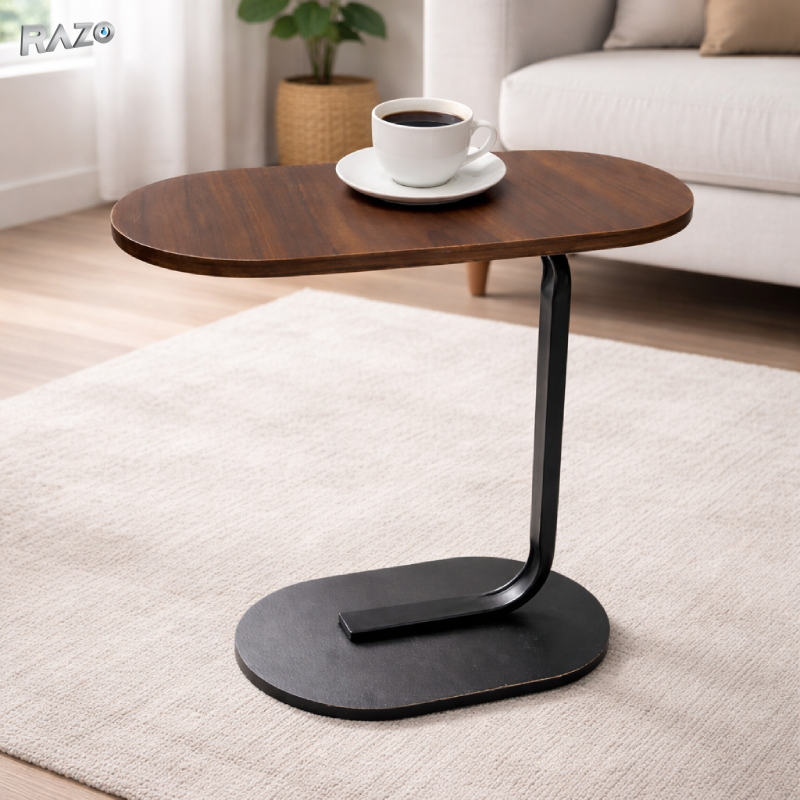 Masa laterala ovala de cafea tip C RAZO, Blat maro, Cadru metalic, Multifunctionala pentru living, dormitor, 61x47x30 cm, Maro