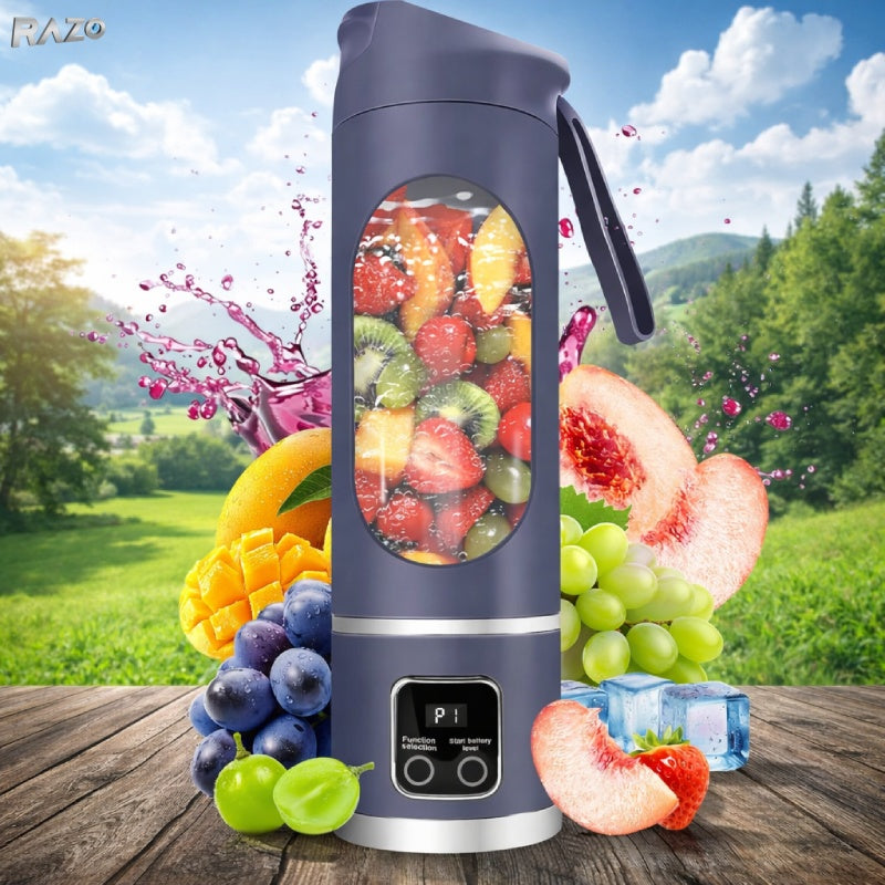 Mini blender electric RAZO portabil, capacitate 450 ml, 10 lame din otel inoxidabil, motor puternic 22000 rpm, incarcare USB, baterie 1300 mAh, fara BPA, ideal pentru smoothie, shake proteic si sucuri fresh in calatorii