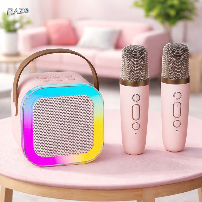 Mini sistem karaoke RAZO, 2 microfoane, Boxa portabila 5W, Bluetooth, Lumini LED ritmice, Functie duet, Anulare voce, USB/TF/AUX, Ideal pentru petreceri
