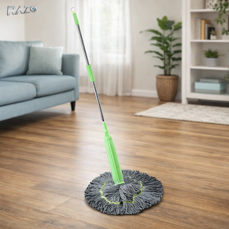 Mop 2 in 1 RAZO cu stoarcere rapida si rasucire automata, cap rotativ 360° din microfibra super absorbanta, maner reglabil 96–134 cm
