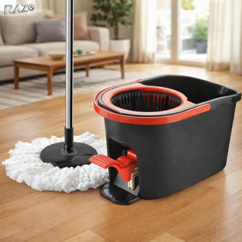 Mop RAZO cu galeata 16L, pedala pentru stoarcere rotativa, cap din microfibra super absorbanta, sistem de curatare eficient, negru-rosu

