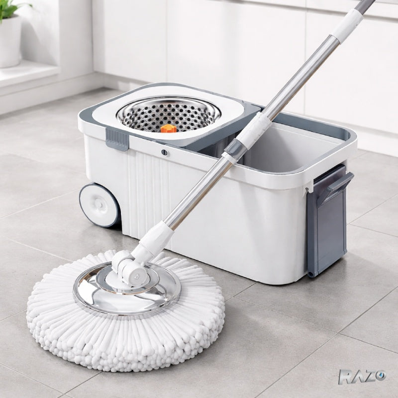 Mop rotativ 360° RAZO, Galeata din otel inoxidabil, 2 roti, Storcator centrifuga, 4 lavete din microfibra incluse, Sistem de evacuare apa, Alb-gri