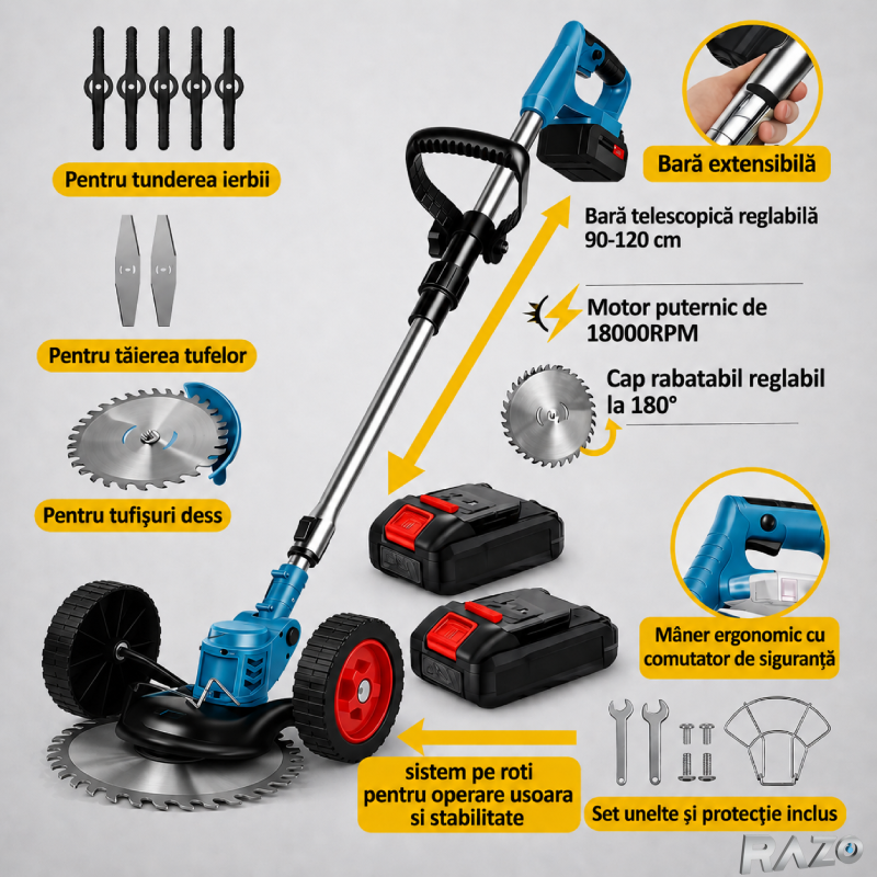 Motocoasa electrica cu roti, 2 acumulatori RAZO, 48V, 4000 mAh, 18000 RPM, Tija telescopica, Multifunctionala, Autonomie extinsa, Wireless