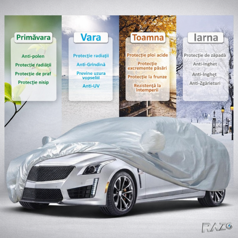 Husa auto RAZO, Marimea L, Impermeabila, Protectie completa impotriva prafului, ploii, zapezii, razelor UV, pentru exterior, interior