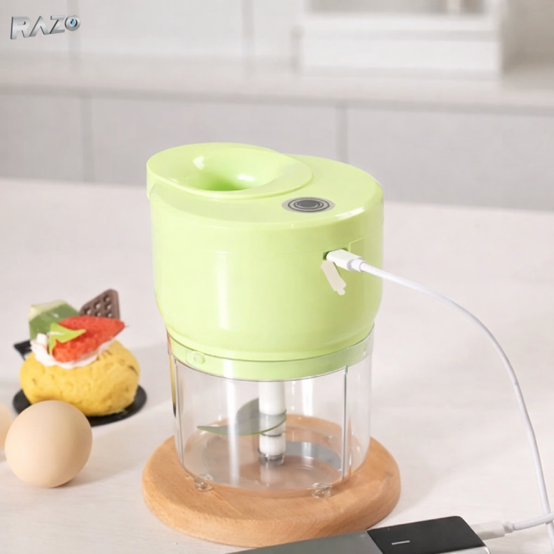 Tocator electric mini RAZO, 500 ml, Multifunctional, Reincarcabil fara fir, Lame inox pentru legume, fructe, nuci, ierburi, Verde