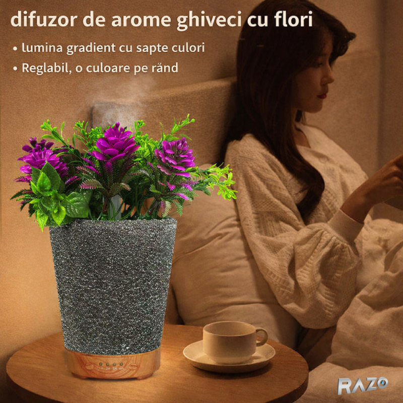 Difuzor aromaterapie tip ghiveci 3 in 1 RAZO, Umidificator Aer, Lumina LED 7 culori, Difuzor uleiuri esentiale, Alimentare USB, Negru