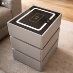 Noptiera RAZO inteligenta multifunctionala cu LED, Incarcare wireless, Bluetooth, 3 sertare, Design modern, Gri deschis