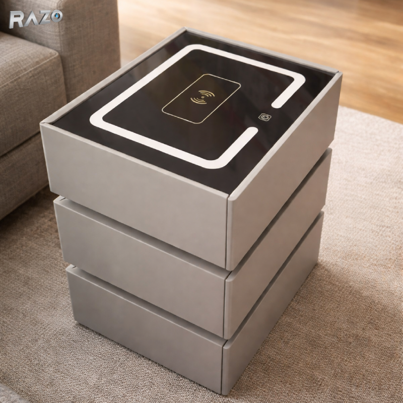 Noptiera RAZO inteligenta multifunctionala cu LED, Incarcare wireless, Bluetooth, 3 sertare, Design modern, Gri deschis