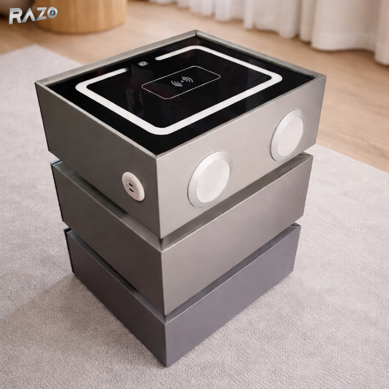 Noptiera RAZO inteligenta multifunctionala cu LED, Incarcare wireless, Bluetooth, 3 sertare, Design modern, Gri deschis