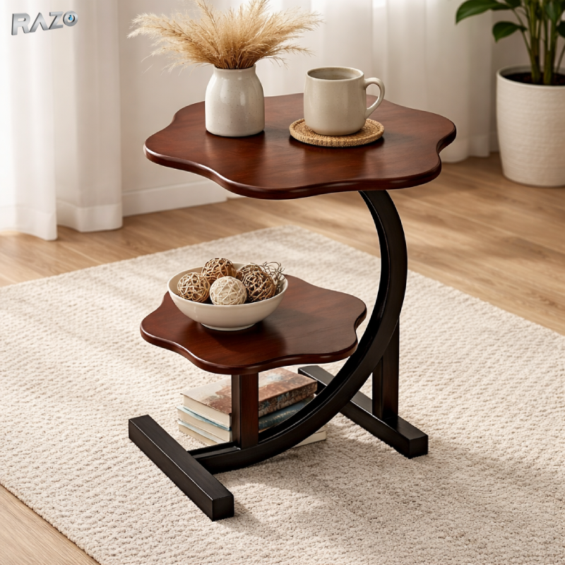 Masa laterala forma floare RAZO, Tip C, Cadru metalic stabil, Multifunctionala pentru living, dormitor, 66x42x42 cm, Maro