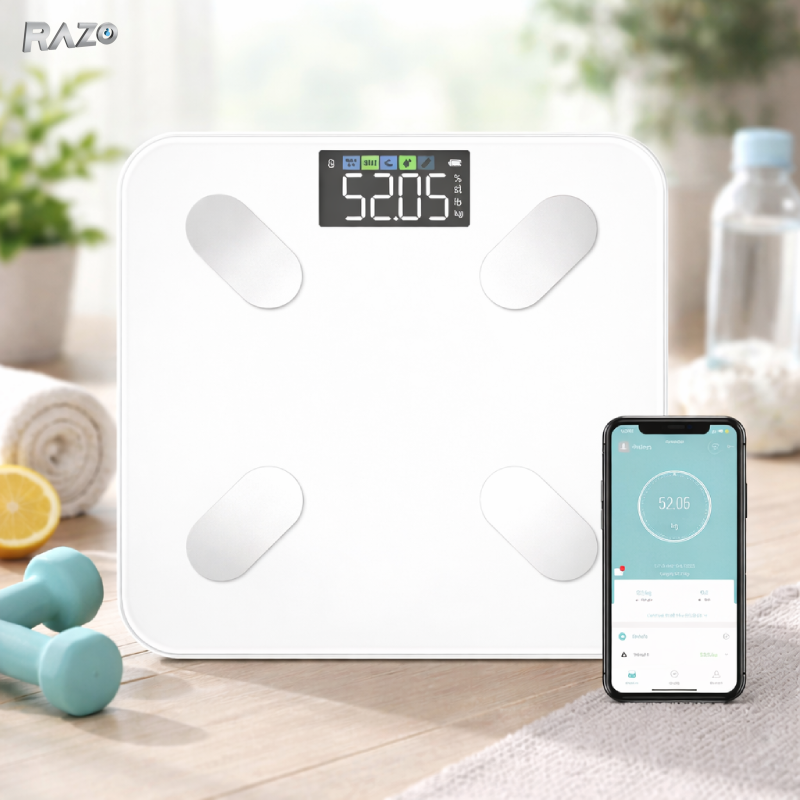 Cantar inteligent Bluetooth RAZO, Analiza corporala completa, Monitorizare sanatate, BMI, Masa musculara, 180 kg, Alb