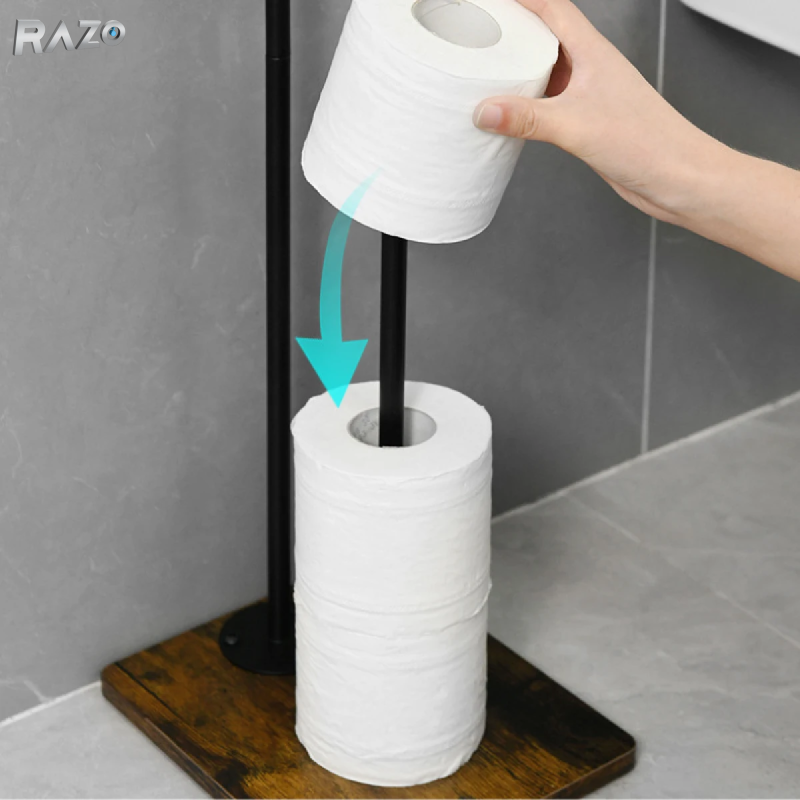 Suport hartie igienica cu spatiu depozitare reviste RAZO, 2 blaturi MDF, Multifunctional, Structura metalica rezistenta, Design modern, Suport pentru role hartie, 24x20x73 cm