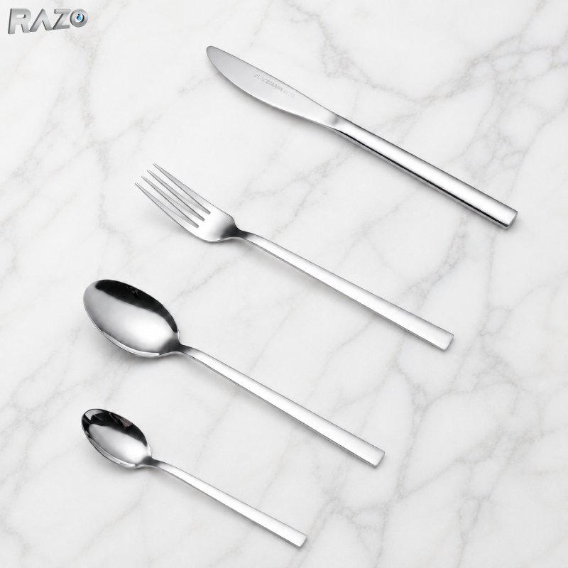 Set tacamuri 24 piese inox premium RAZO, Design elegant, pentru masa zilnica si festiva, Argintiu