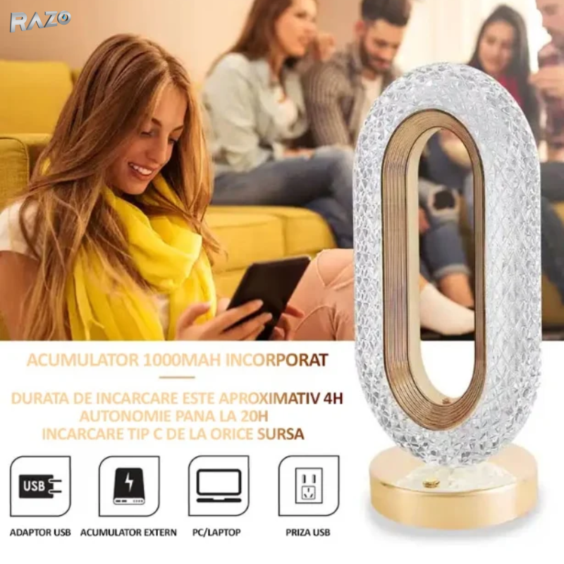 Lampa LED decorativa Crystal RAZO, Control tactil, Reincarcabila USB, Design cristal