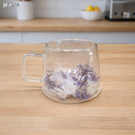 Cana sticla pereti dubli Violet 250 ml RAZO, Flori uscate naturale, Design elegant decorativ, Flori violete, albe