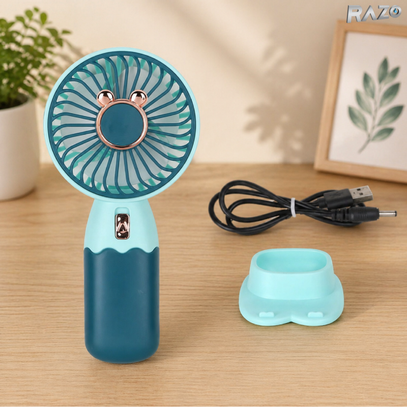 Ventilator mini portabil in 2 culori RAZO, Suport telefon, Reincarcabil, Racire rapida, Design modern, Silentios, Turcoaz-Albastru