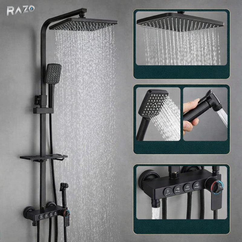 Set dus premium negru RAZO, 4 functii, Para dus si cap tip ploaie, Montare pe perete, Presiune ridicata, Negru