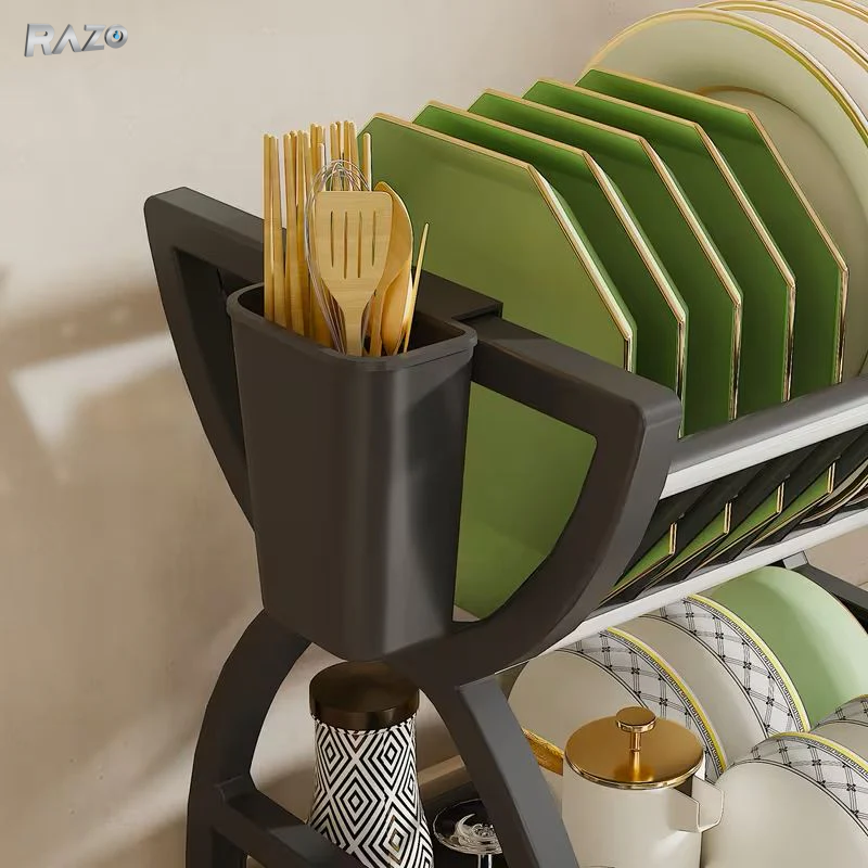 Suport vase simplu forma X, RAZO, 2 niveluri, Tava de scurgere, Organizator bucatarie, Capacitate mare, 35x29x25 cm, Negru