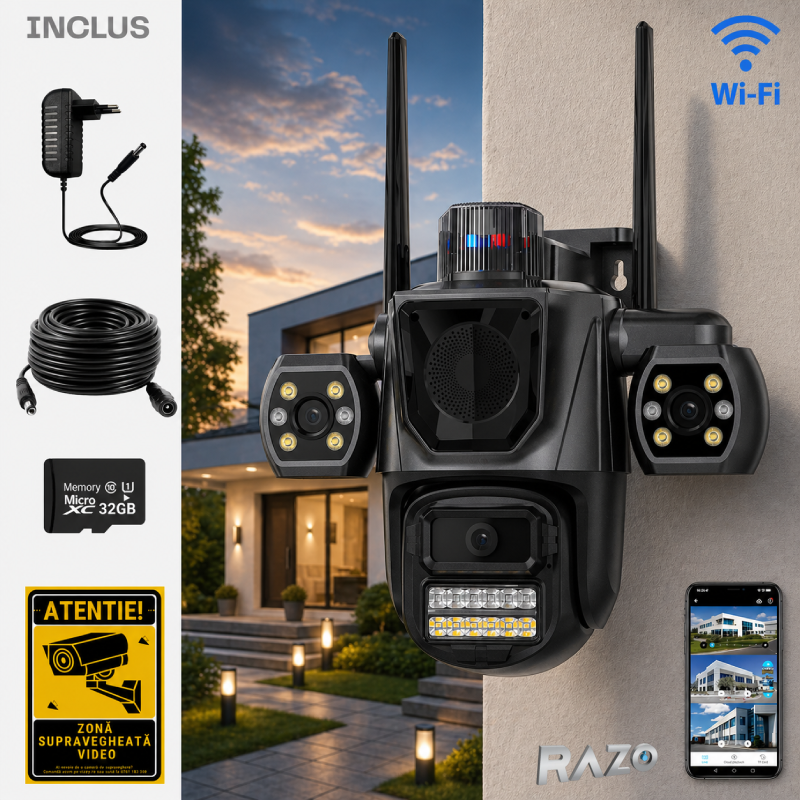 Camera supraveghere AI tripla 360 RAZO, 3 lentile, WIFI, Monitorizare completa, Vizualizare live pe telefon, Detectie miscare cu tracking automat, Vedere nocturna LED, Audio bidirectional, Alarma integrata