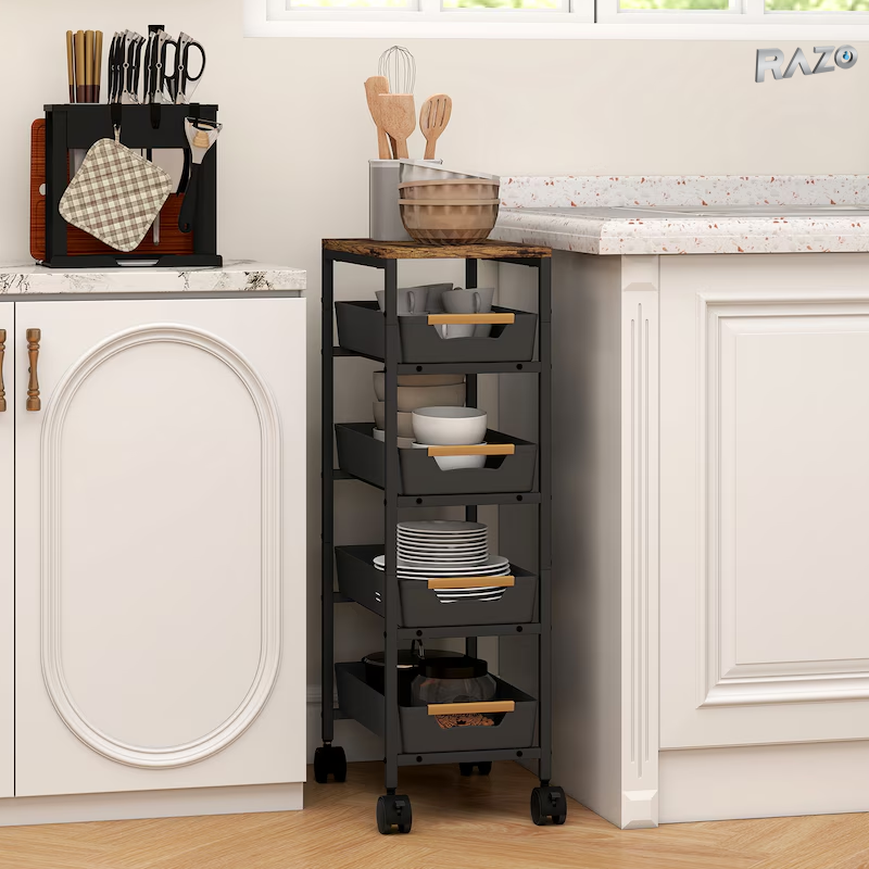 Carucior depozitare bucatarie cu blat lemn RAZO, 5 polite, 4 roti, Organizator multifunctional, Dimensiuni 84x40x26 cm