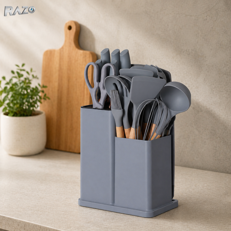 Set ustensile bucatarie din silicon RAZO, Suport depozitare, Rezistente la caldura, Accesorii complete, Design ergonomic, Usor de curatat, Gri