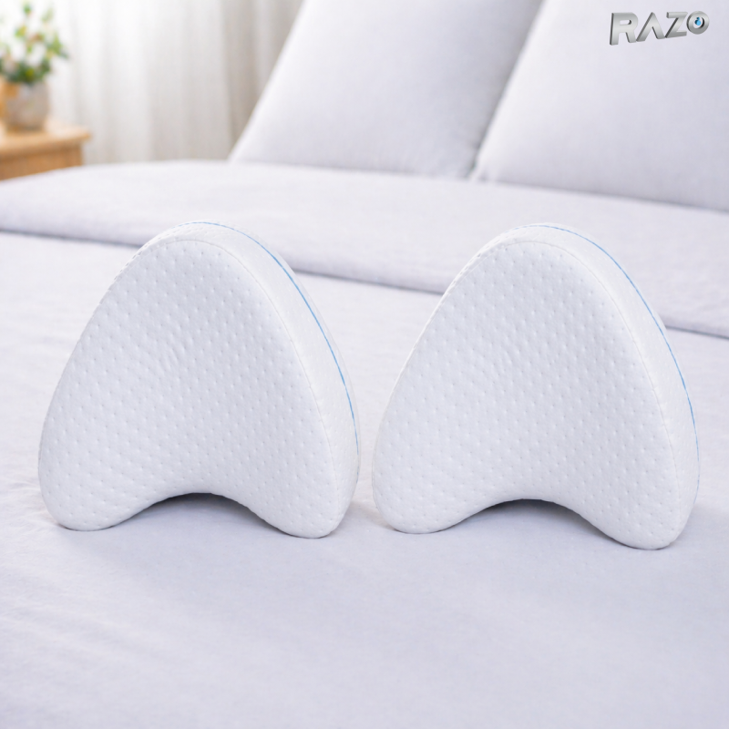 Set 2 perne ortopedice RAZO pentru picioare din spuma cu memorie, Ergonomice pentru genunchi, Aliniere coloana, Husa lavabila, 25x25x5 cm