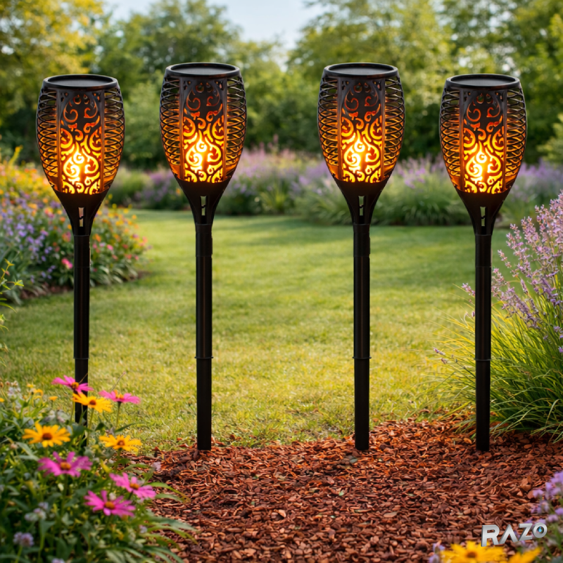 Set 4 lampi solare LED tip flacara RAZO, Iluminat decorativ exterior, Senzor lumina, IP65, Energie solara, 51,5x10x10 cm