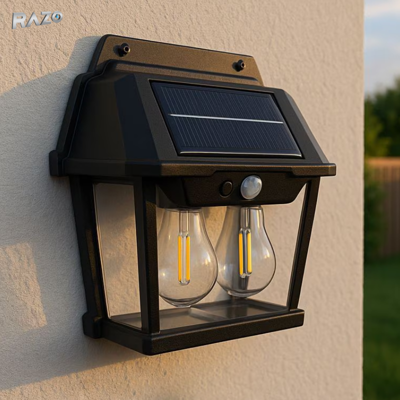 Lampa solara perete cu 2 becuri RAZO, Senzor miscare, LED, Iluminat exterior, Incarcare solara automata