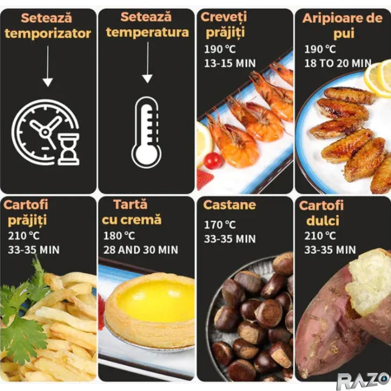 Friteuza cu aer cald RAZO, 2400W, 6L, Air fryer fara ulei, LCD touch screen, 6 programe presetate, Temperatura 50–200°C, Timer, Oprire automata, Gatire sanatoasa, Rosu