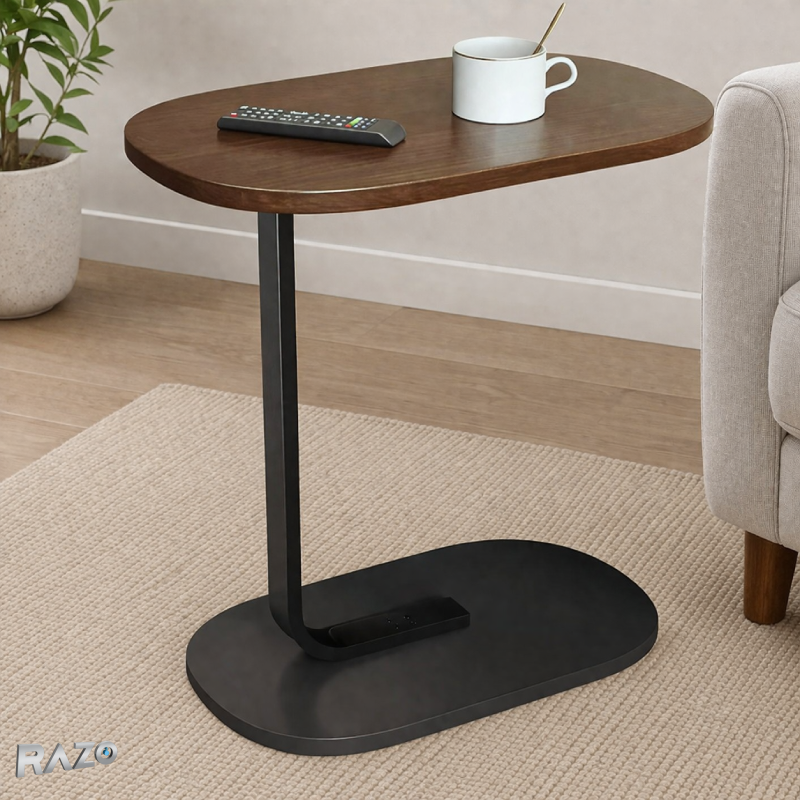 Masa laterala ovala de cafea mica tip C RAZO, Blat maro, Cadru metalic, Multifunctionala pentru living, dormitor, 57x38x28 cm, maro